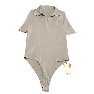 Cider Womens Plus Size 4XL Gray Ribbed Collar Knitted Bodysuit Stretch Top New